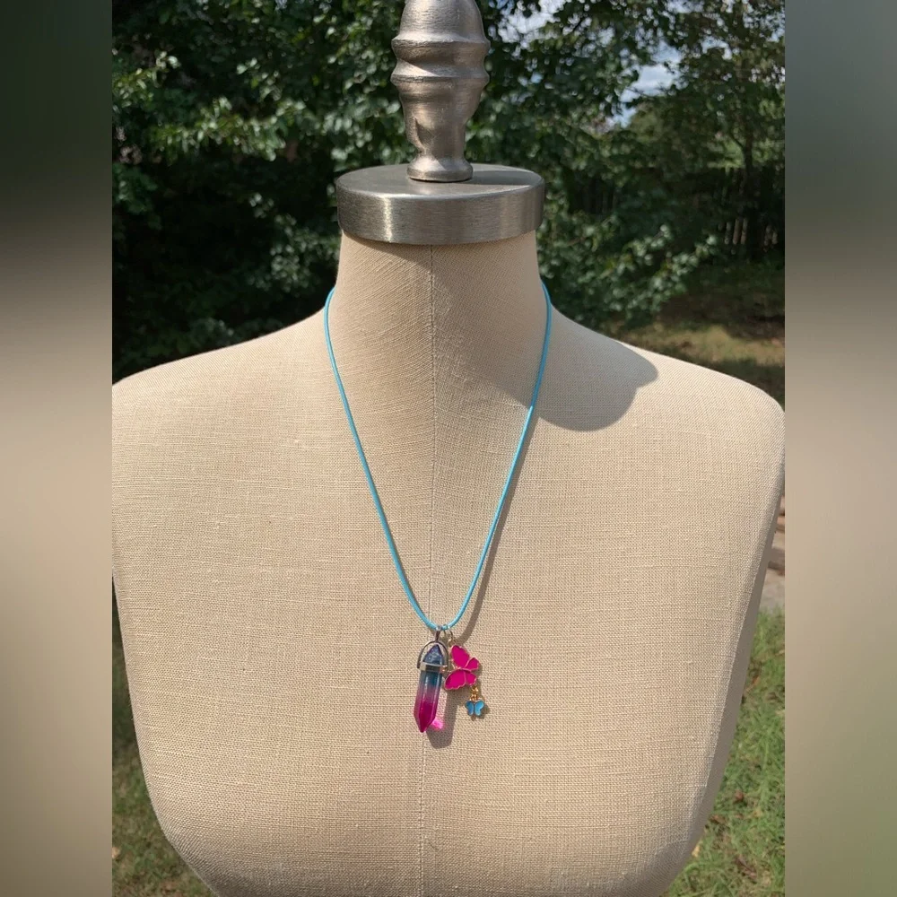 Handmade Cotton Candy Resin Crystal Amulet Necklace & Enamel Butterfly Charms - Picture 11 of 11